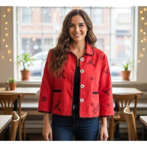 Venus Imports Cropped Jacket Red Dragonfly Button Front Coat Napal Womens Sz Lg